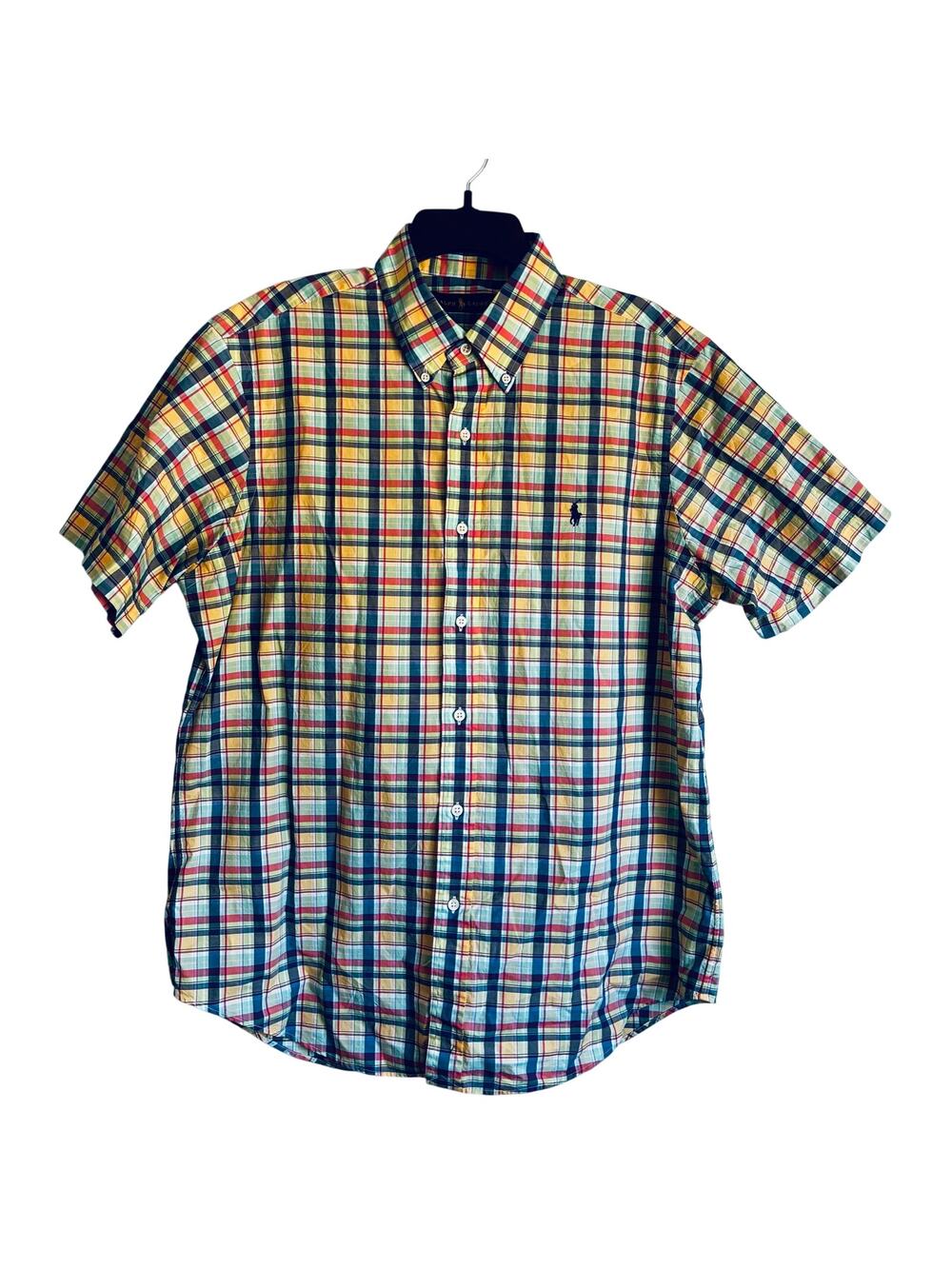 Ralph Lauren Men's L Madras Plaid Button Down Short Sleeve Shirt Cotton Preppy